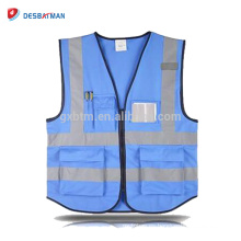 Personalizado Impreso Hi Vis azul Chaleco de seguridad Destacar ropa de trabajo con tiras reflectantes y bolsillos de teléfono e identificación Cremallera frontal